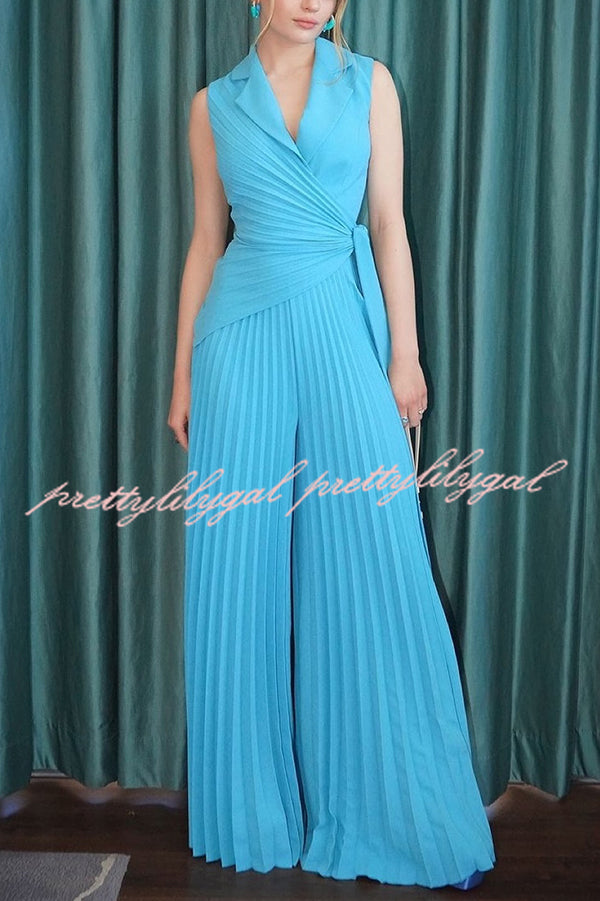 Solid Color Lapel Sleeveless Waist Tie Pleated Wide-leg Jumpsuit