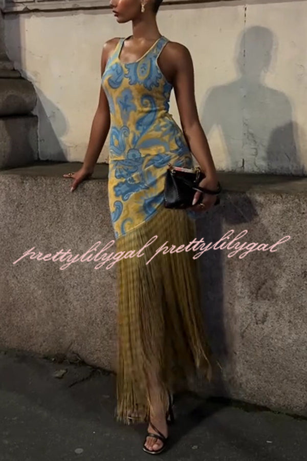 Unique Print Sleeveless Fitted Fringed Hem Maxi Dress