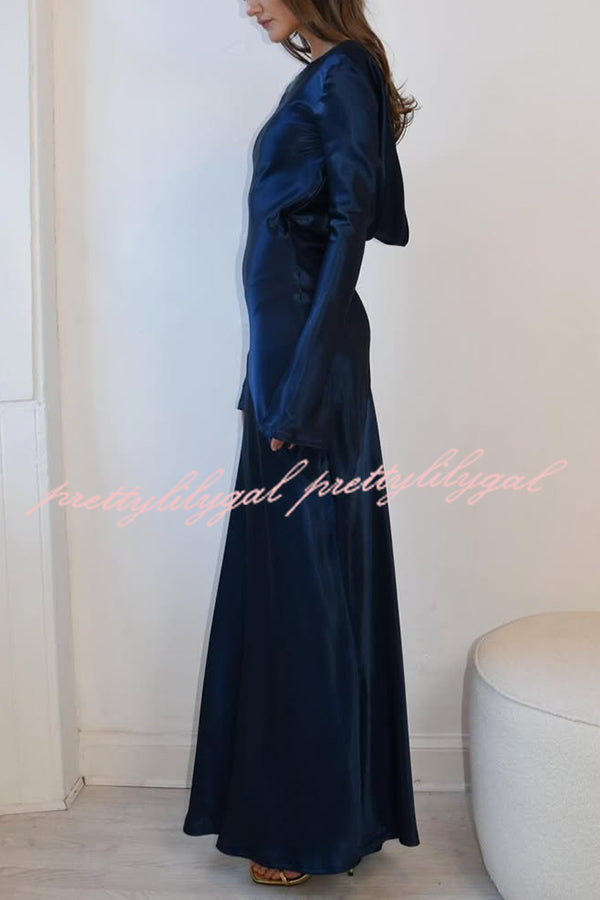Satin Elegant Long-sleeved Open-back Slim-fit Slit Maxi Dress
