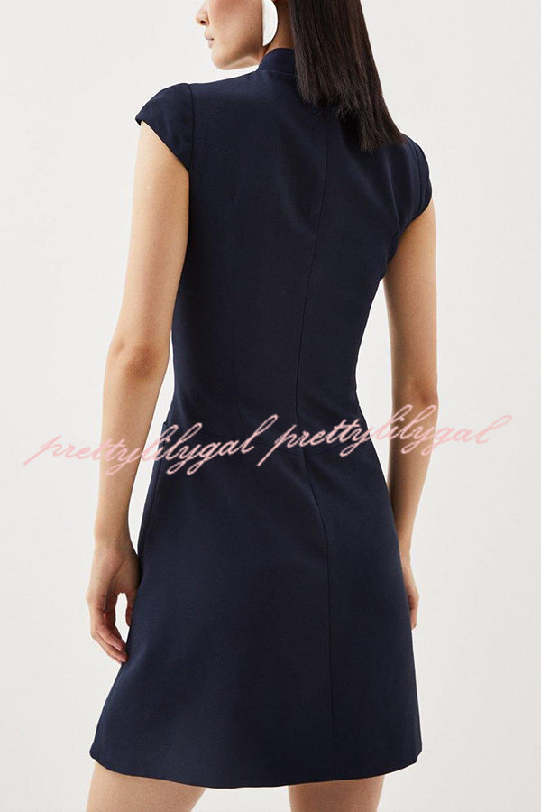 patchwork pleated mini dress Military Style Cap Sleeve High Neck Patchwork Pleated Hem Mini Dress –  prettylilygal