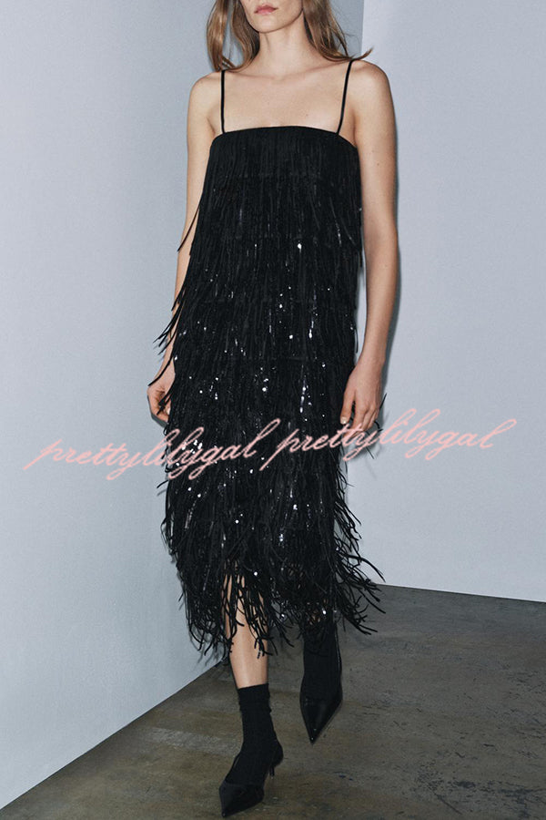 Chic Celebration Layered Sequined Tassels Slip Strapless H-line Midi Dress