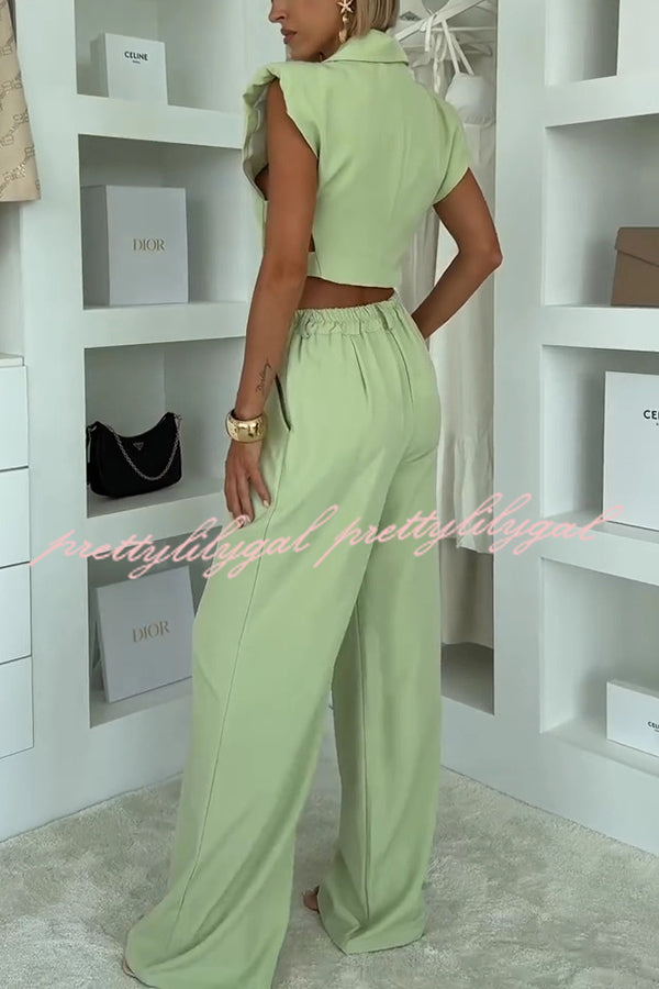Fashion Style Lapel Waist-baring Irregular Vest and  Elastic Waist Pocket Loose Pants Set