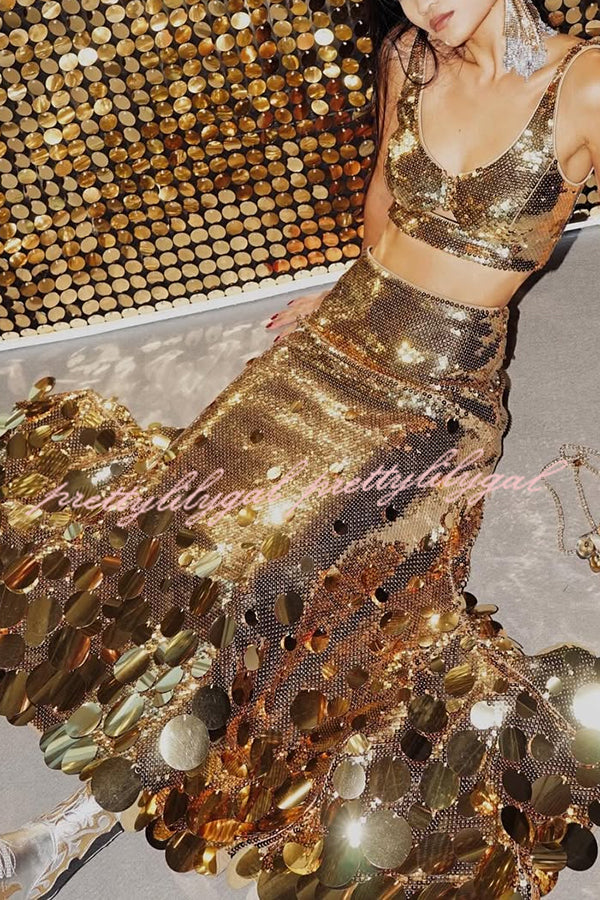 Party Sequin Button Crop Tank and Irregular Round Sequin Tassels Hem Maxi Skirt Set