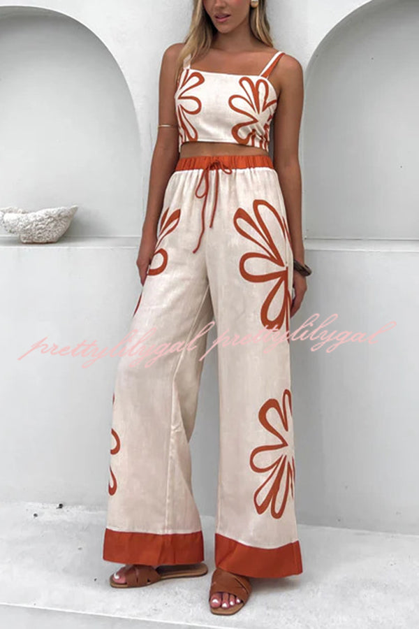 Floral Print Suspender Back Pleated Top and Elastic Waist Drawstring Pants Set