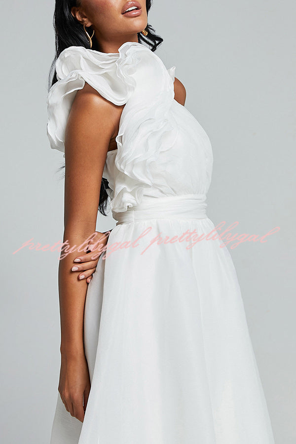 Romantic Seaside One Shoulder Frill Detail Sleeve Layered Midi Dress