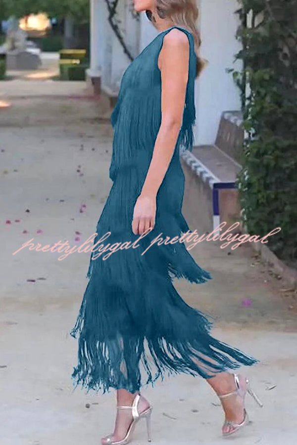 Stylish Fringed One Shoulder Asymmetric Midi Dress