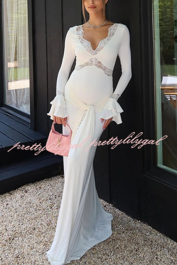 Fashion Lace Splicing Sexy V-neck Long-sleeved Slim Maxi Dress