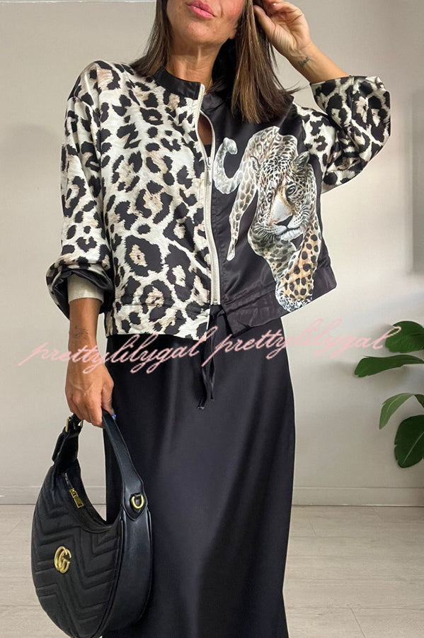 Shiloh Leopard Unique Print Zipper Drawstring Hem Bomber Jacket