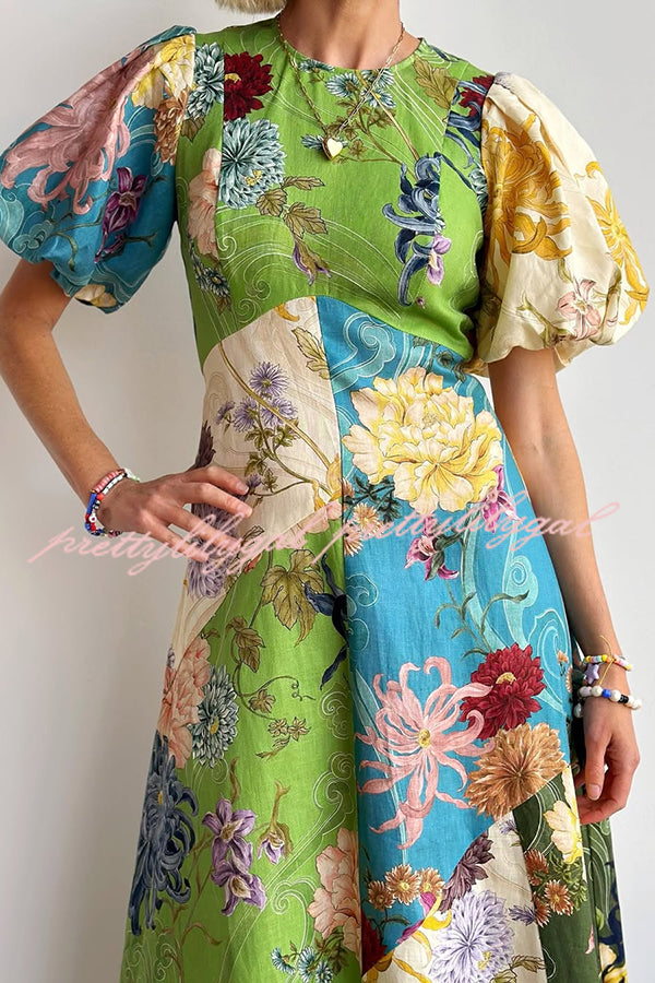 Floral Print Round Neck Puff Sleeve Casual Midi Dress