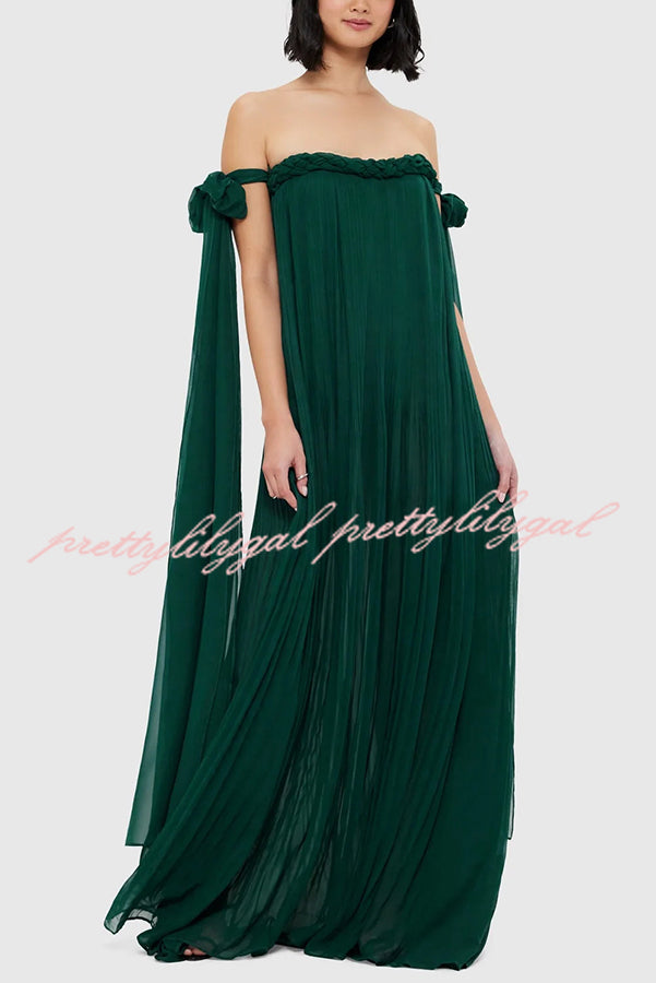 Fairy Spirit Tulle Braided Neckline Tie Arm Straps Pleated Maxi Dress