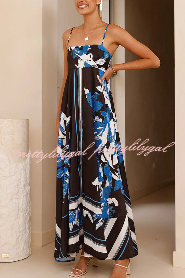 Botanical Print Square Neck Suspender Casual Full Hem Maxi Dress