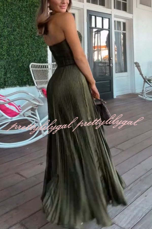 Love Note Satin Sweetheart Twist Off Shoulder Pleated Maxi Dress