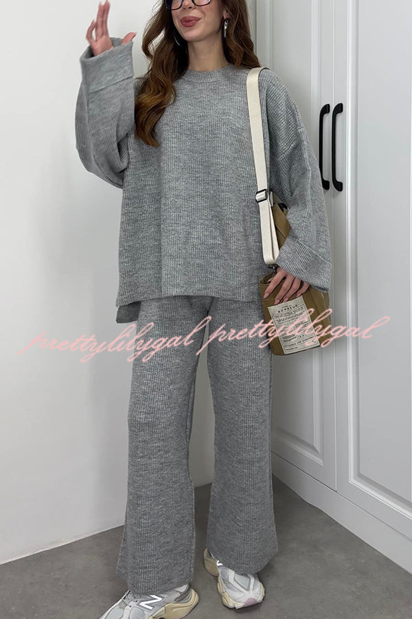 Solid Color Loose Long-sleeved Knit Top and Elastic Waist Casual Straight Leg Pants Set