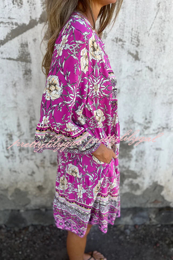 Ethnic Floral Print V-neck Loose Pocket Mini Dress