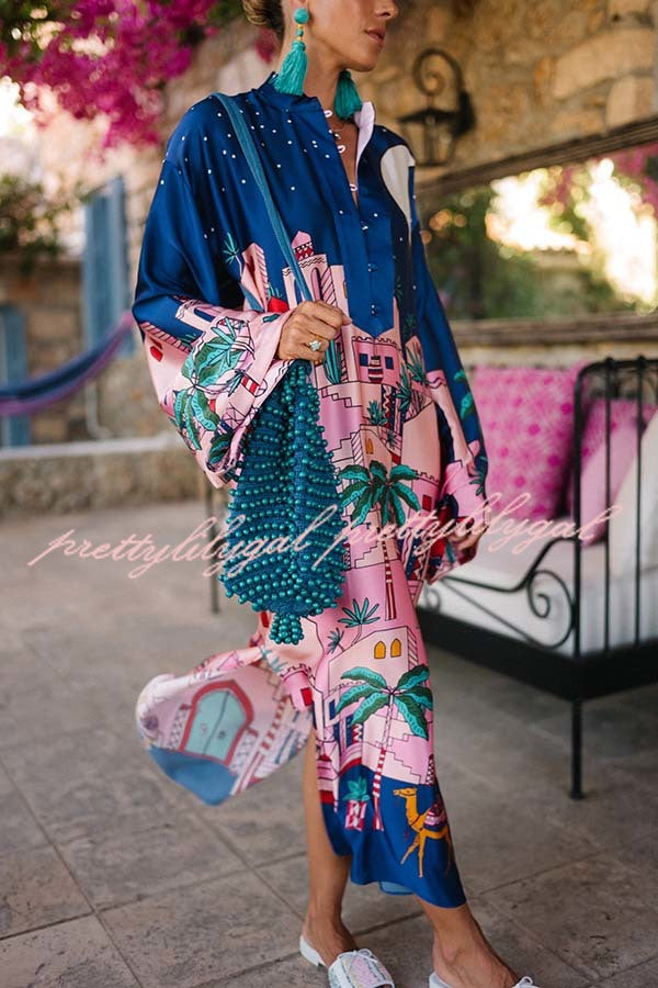 Seaside Stroll Satin Unique Print Button Up Long Sleeve Slit Kaftan Midi Dress