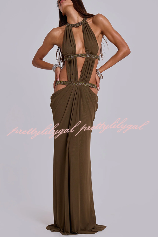 Khaki Hot-fix Rhinestone Shoulder Strap Cutout Design Backless Drape Maxi Dress