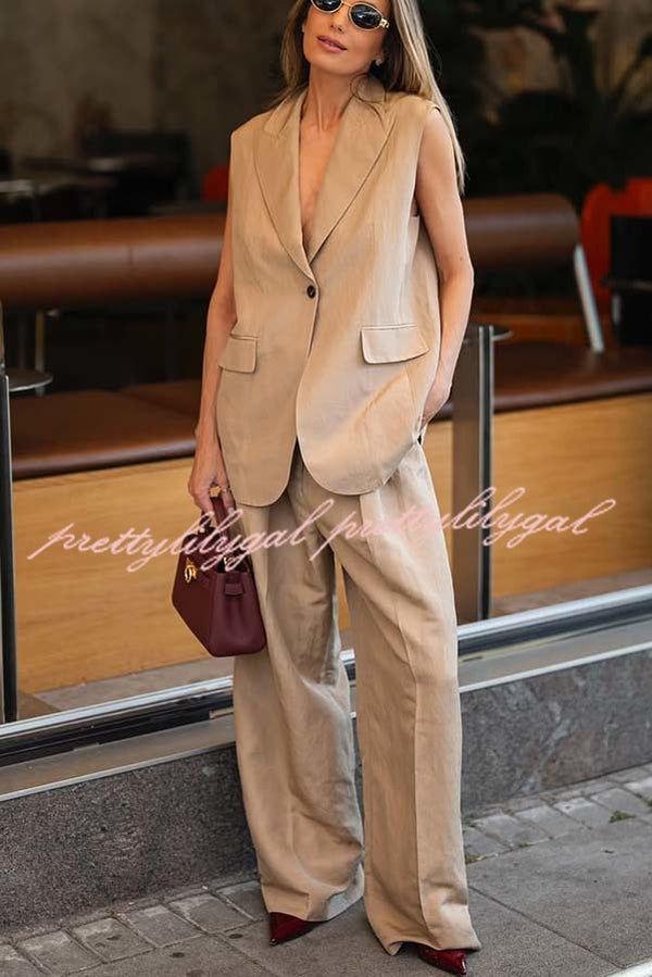 Boss Lady Single Button Lapel Oversized Vest and Pleated Waist Pocket Wide Leg Pants Set