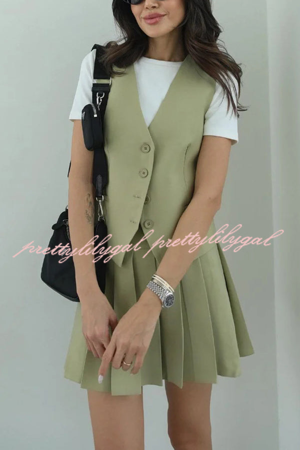 Solid Color Sleeveless Buttoned Vest and High-waisted Pleated Mini Skirt Set