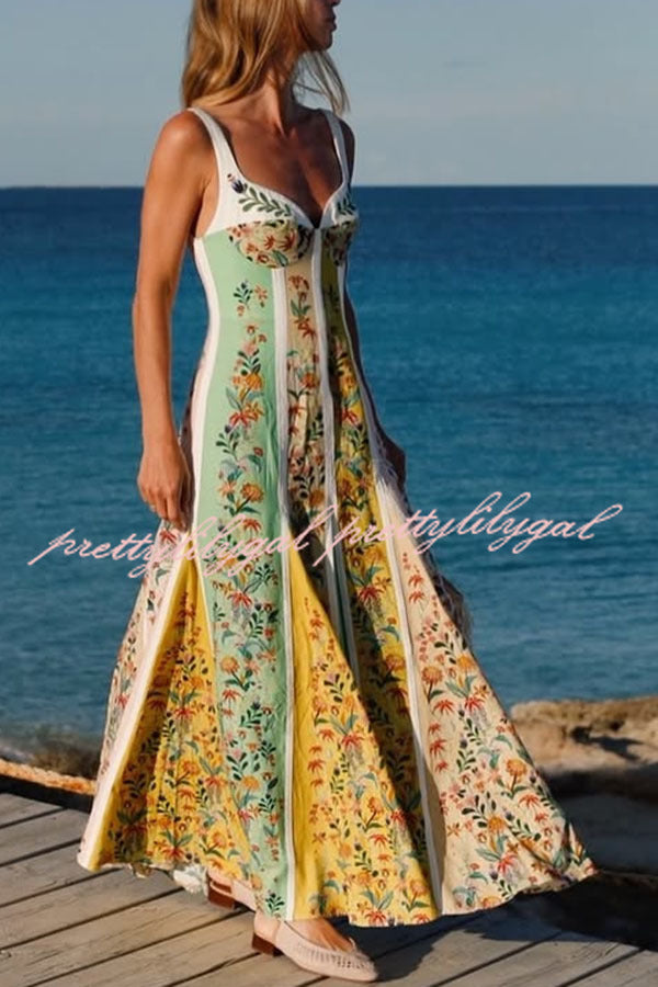 Sweet Garden Linen Blend Color Block Floral Paneled Maxi Dress
