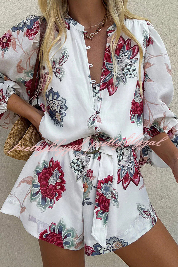 Floral Print Elegant Long Sleeve Waist Tie Casual Rompers