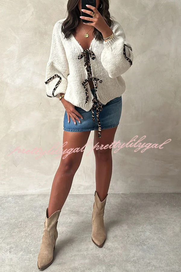 Fashionable Loose Long-sleeved Leopard Print Lace-up Knitted Sweater Cardigan