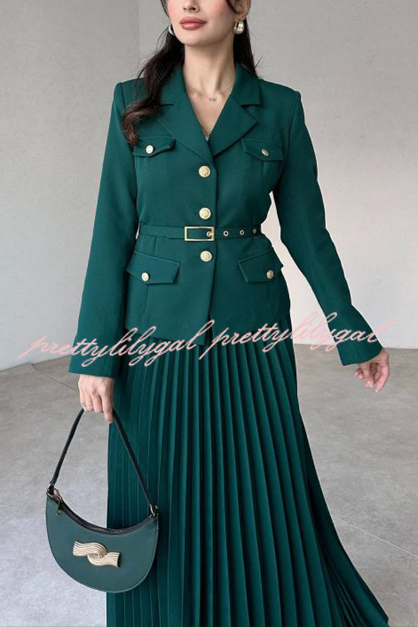 Solid Color Lapel Button Belt Blazer and Pleated Casual Maxi Skirt Set