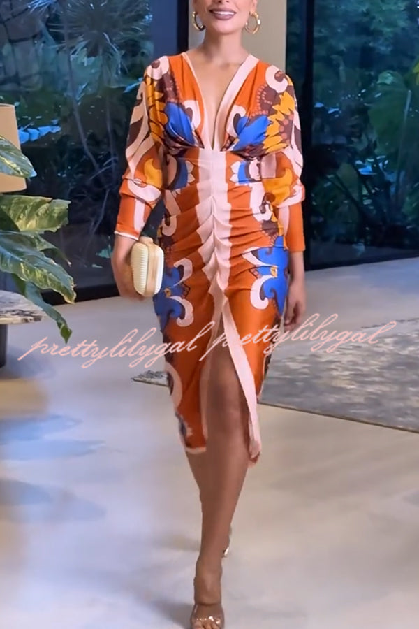 Bahamas Unique Print Dolman Long Sleeve Ruched Slit Midi Dress