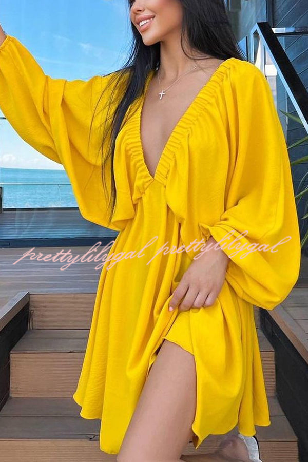 V Neck Puff Sleeve Solid Color Resort Style Mini Dress