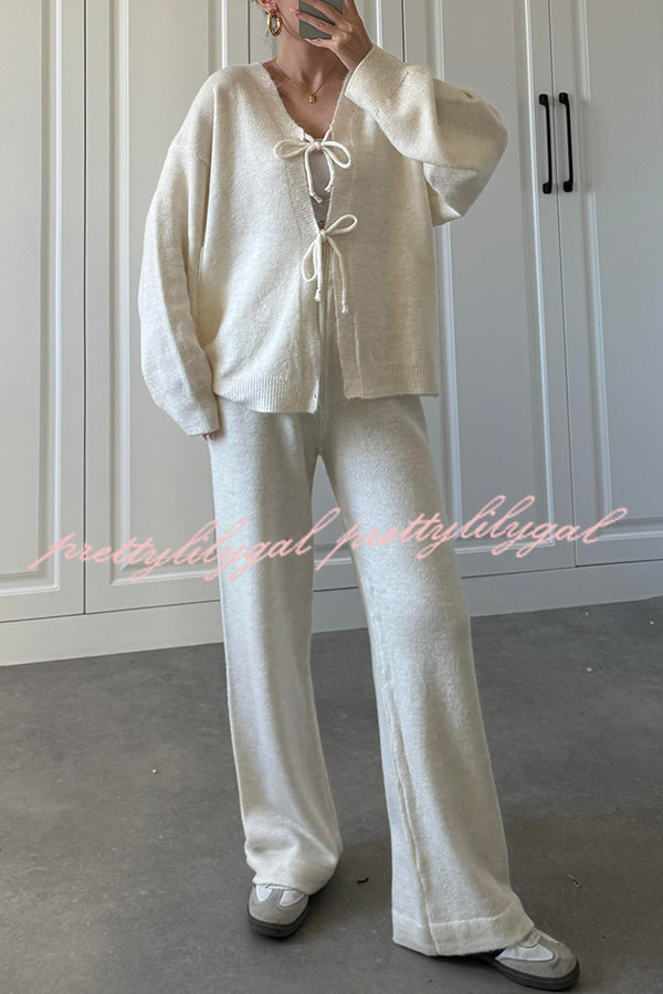 Solid Color V-neck Tie Long-sleeved Loose Knit Cardigan and Elastic Waist Casual Straight Leg Pants Set