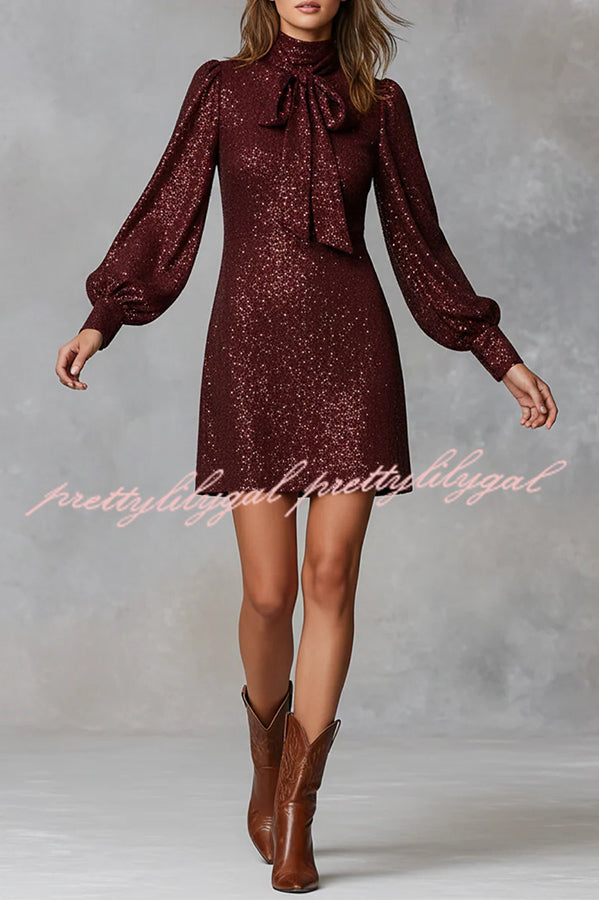 Gift for Me Sequin High Neck Bow Tie Long Lantern Sleeve Party Mini Dress
