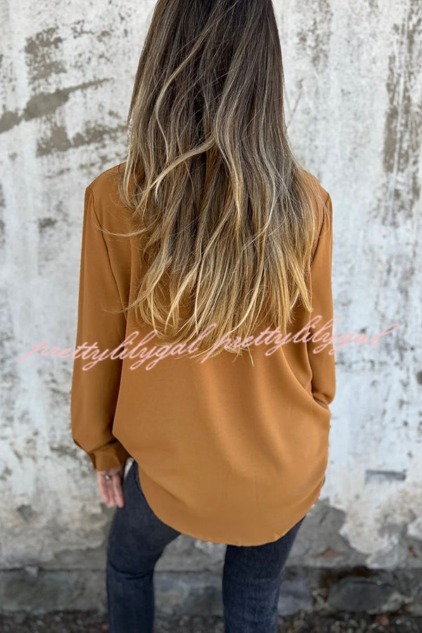 Solid Color Lapel Button Pocket Casual Long Sleeve Shirt