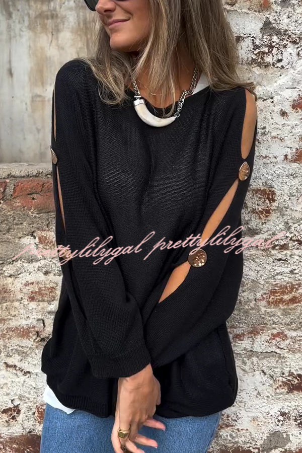 Solid Color Round Neck Hollow Long Sleeve Loose Knitted Sweater