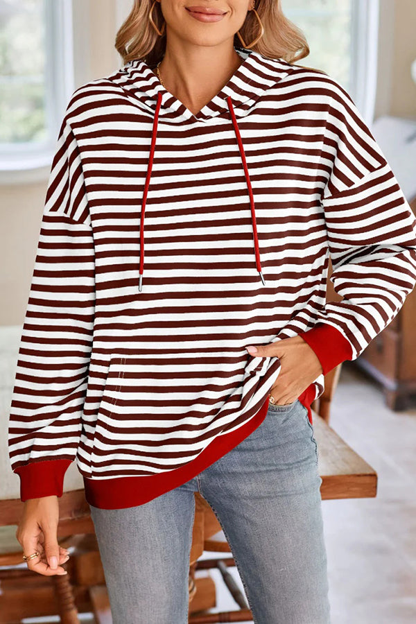 Striped Print Long Sleeve Pocket Loose Hoodie