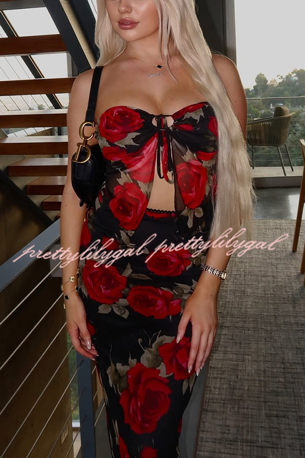 Floral Print Sexy Bandeau Lace-up Top and Slim Mesh Stretch Maxi Skirt Set