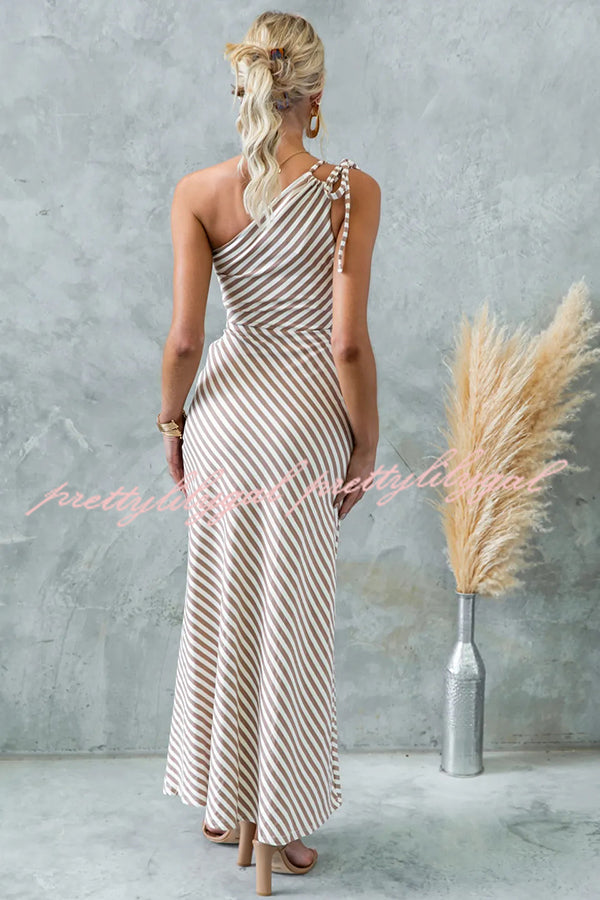 Stylish Striped Print One Shoulder Slope-neck Maxi Dress