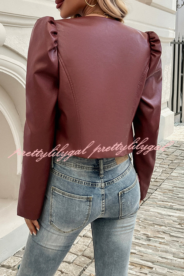 Yelissa Faux Leather Statement Long Sleeve Open Front Crop Jacket