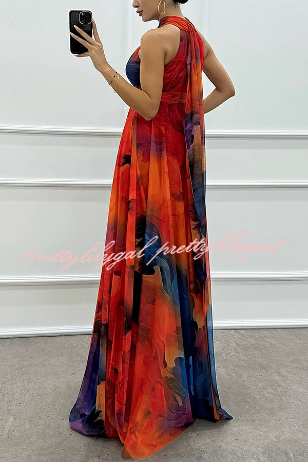 Elaine Tulle Floral Splash Print Cutout Halter Tie-up Neck Gown Maxi Dress