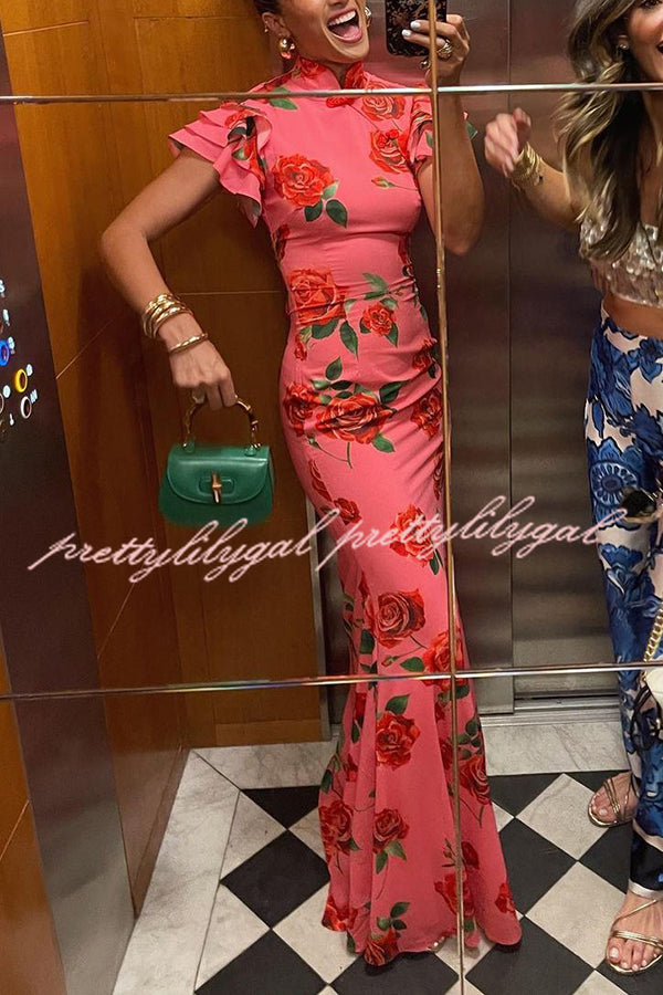 Cheongsam Style Rose Floral Print Tiered Flare Sleeve Stretch Maxi Dress