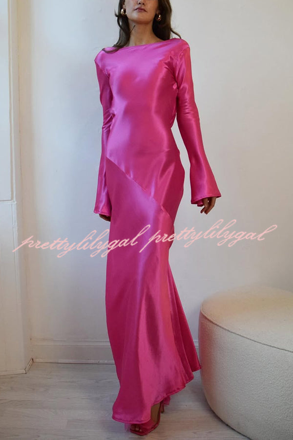 Satin Elegant Long-sleeved Open-back Slim-fit Slit Maxi Dress