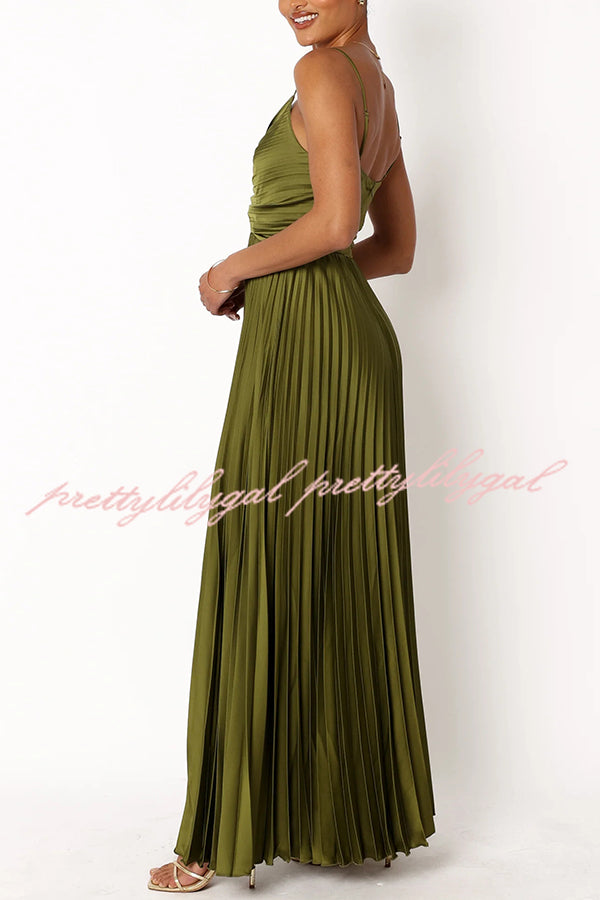 Catch The Light Satin Pleated V-neck Slip Maxi Dress