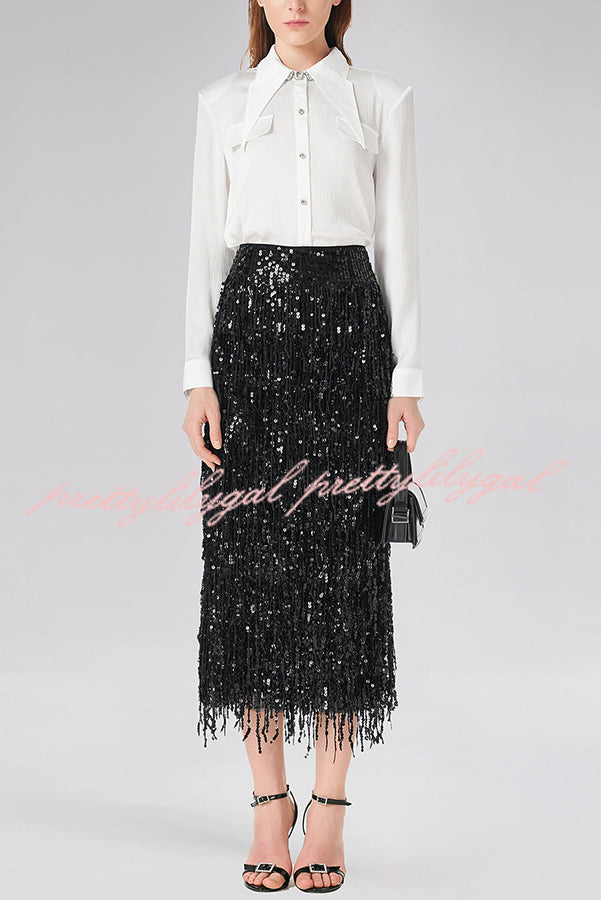Evening Charm Layered Sequined Tassels High Rise Back Zipper Slit Midi Skirt