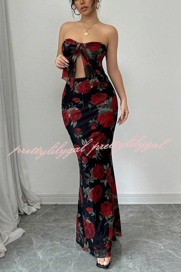 Floral Print Sexy Bandeau Lace-up Top and Slim Mesh Stretch Maxi Skirt Set