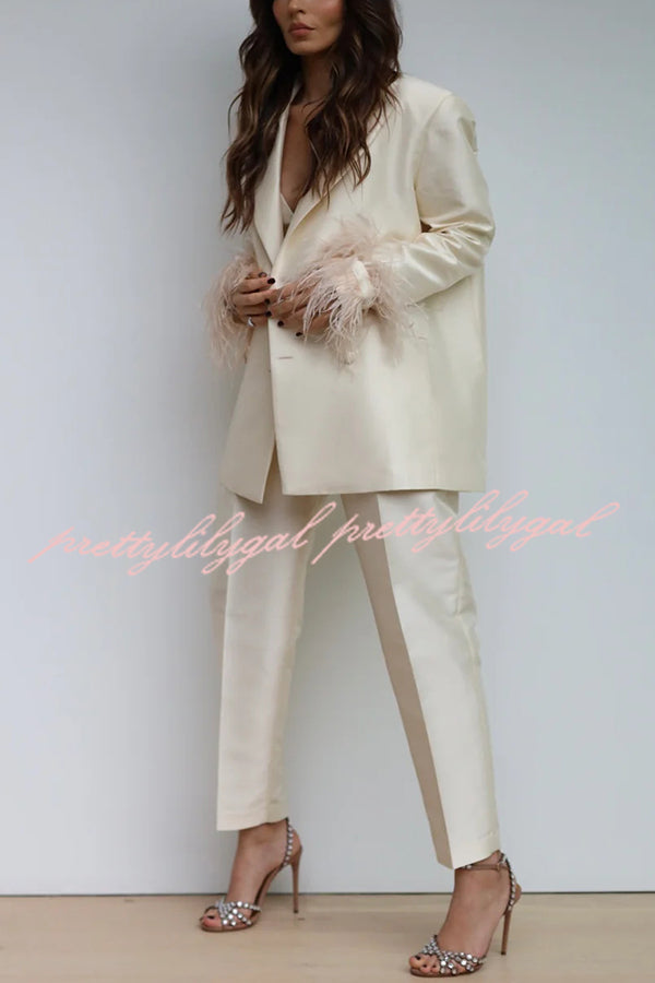 Chic Affair Satin Feather Trim Lapel Loose Blazer and High Rise Pocket Tapered Pants Set
