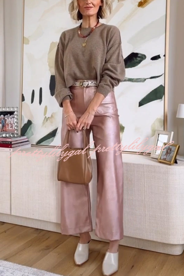 Colette Metallic Faux Leather Pocket Cropped Wide Leg Stretch Pants