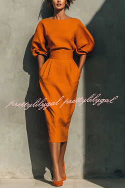 Linen Blend Round Neck Balloon Sleeve Top and High Waist Casual Pocket Midi Skirt Set