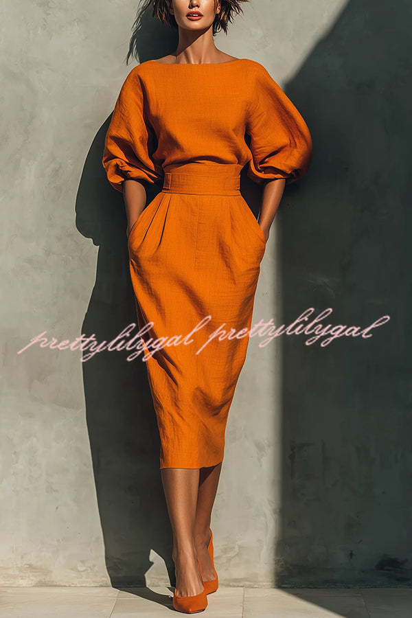 Linen Blend Round Neck Balloon Sleeve Top and High Waist Casual Pocket Midi Skirt Set
