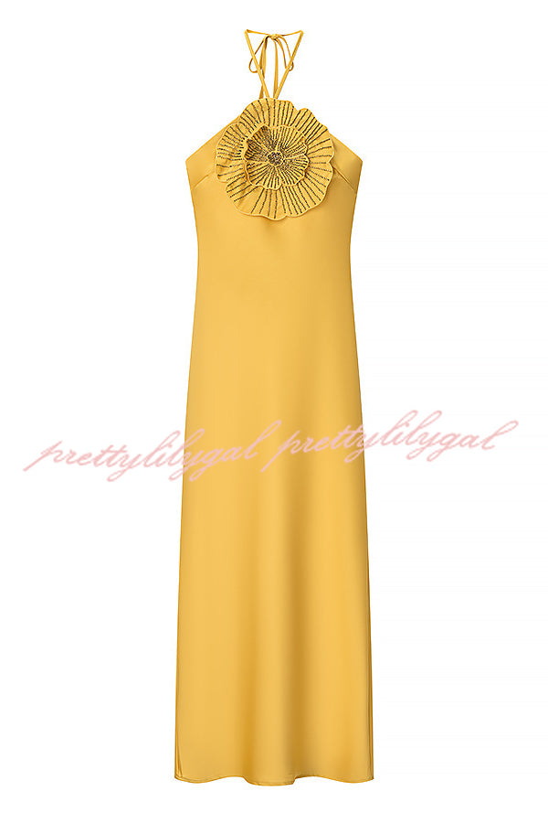 Fashionable Beaded Large Flower Decoration Halter Neck Backless Maxi Dress