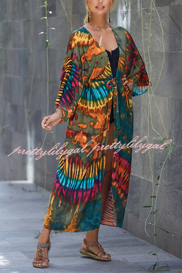 Unique Print Loose Lace Up Holiday Maxi Cover Up