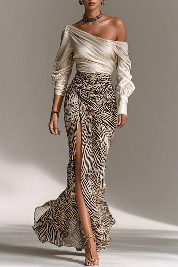 Stylish Off-shoulder Long-sleeved Casual Shirt and Elegant Striped Printed Slit Maxi Skirt Set