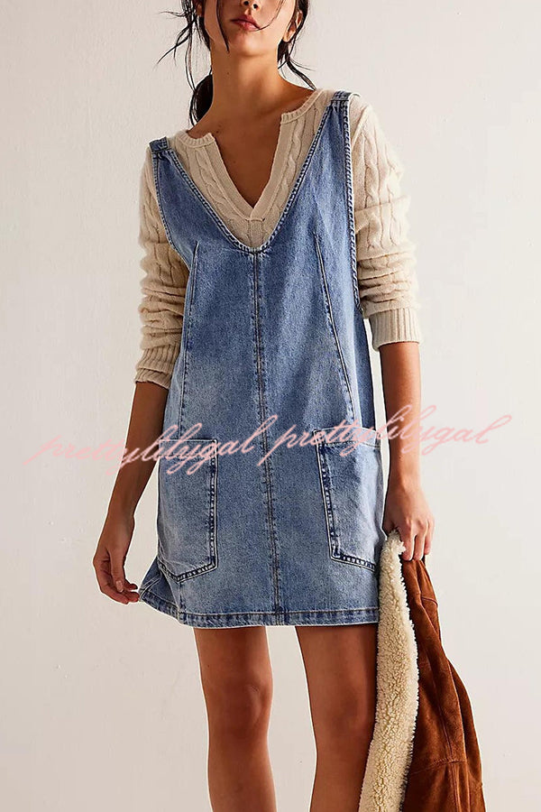 Solid Color Sleeveless V-neck Pocket Adjustable Denim Suspender Mini Dress